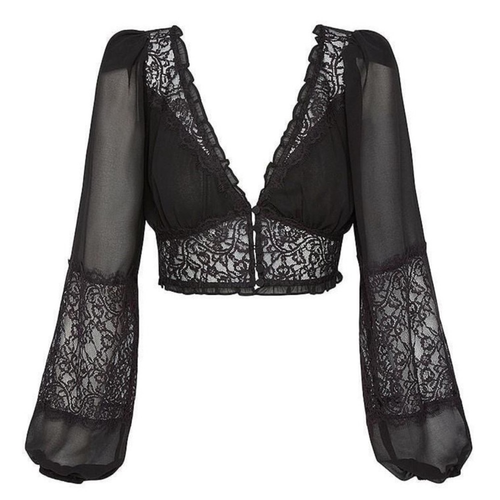 For Love & Lemons Black Lace Long Sleeve Cropped Top
